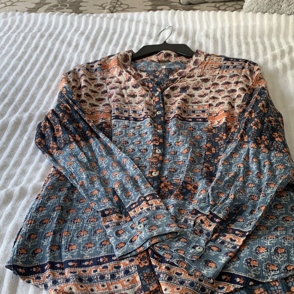 Free People Floral Patterned Blouse in Blue and Orange